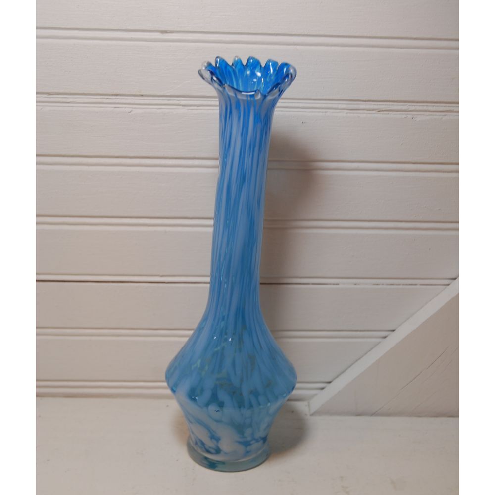 Vintage Blown Art Glass Vase Blue Swirl Fluted Ruffled top Made in Japan MCM